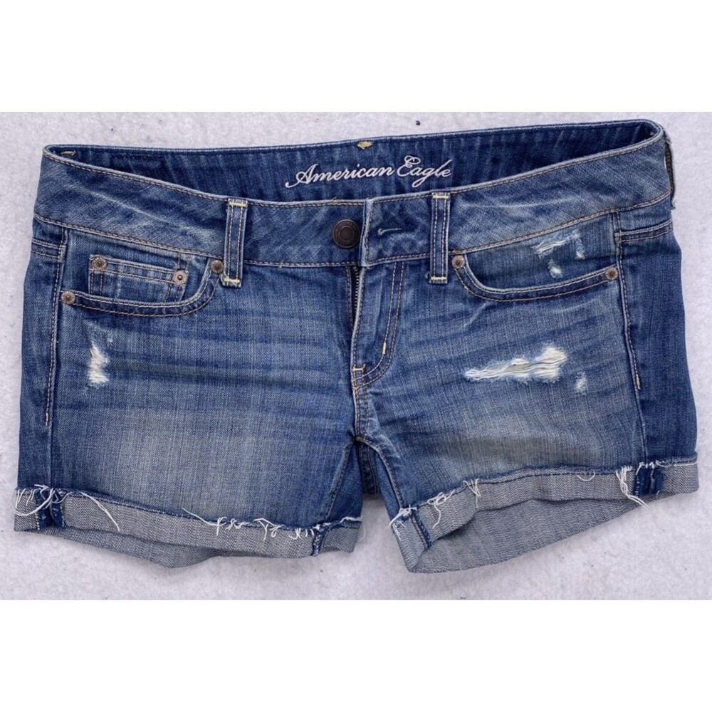 American Eagle Distressed Denim Shorts Women’s Size 2 Cuffed Blue Jean Mid Rise